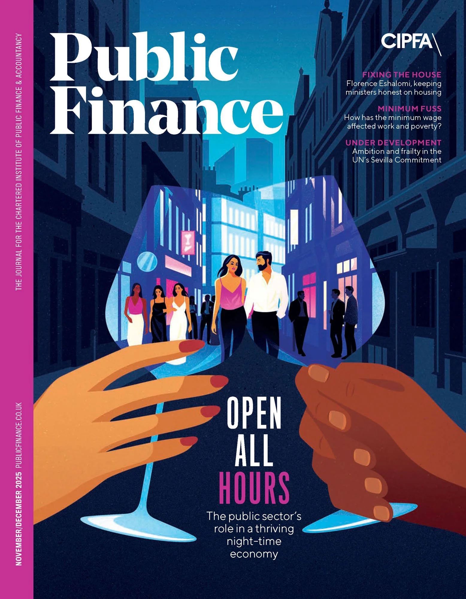 Two wine glasses reflecting a nightlife street scene for a public finance editorial textured vector illustration.