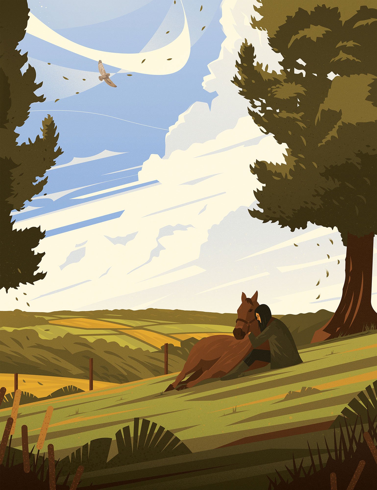 Person embracing a resting horse in a rolling countryside field for a lifestyle editorial textured vector illustration.