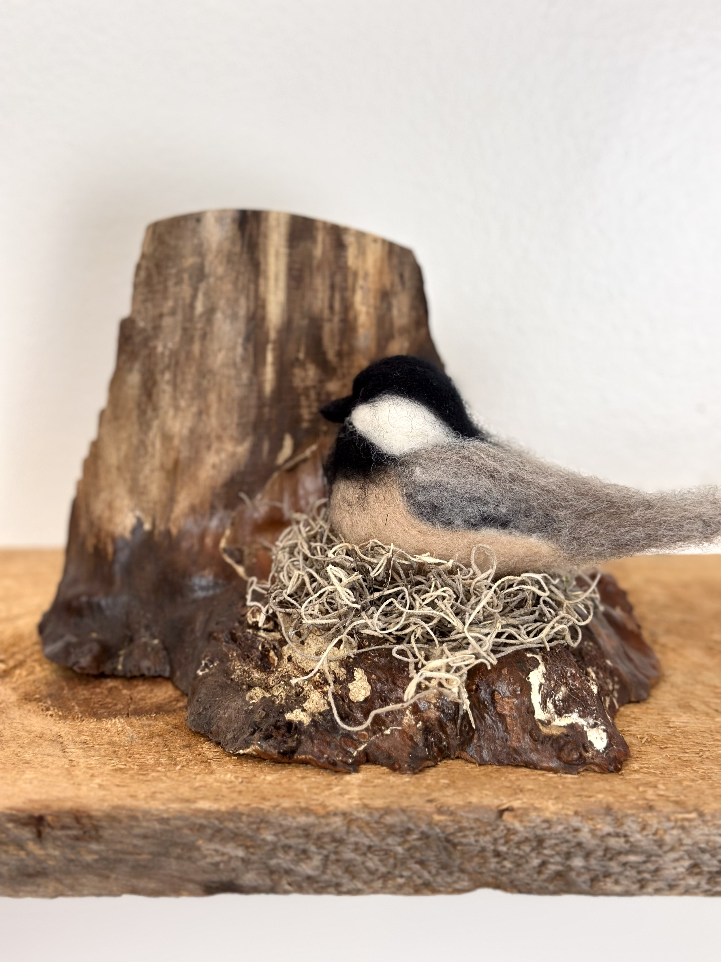Needle Felted Chickadee, nesting on a unique piece of wood.