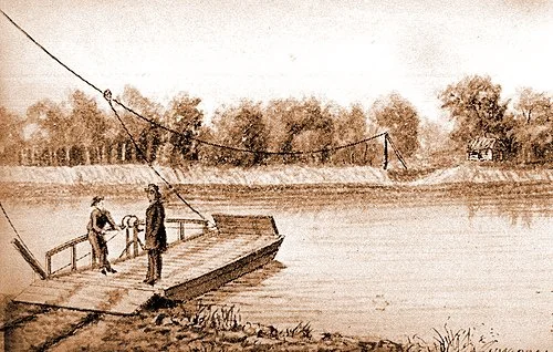 An sketch of a ferry in action.