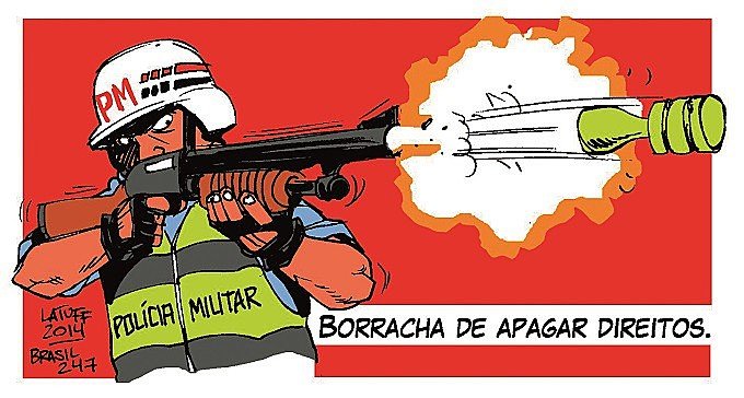 charge da Laerte ilustrando um PM atirando com uma bala de borracha e com frase "borracha de apagar direitos"