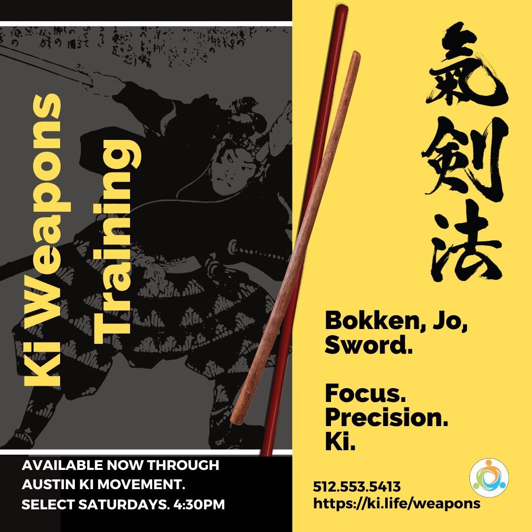 FIRST KI WEAPONS CLASS THIS SAT! 4:30pm @austinkimovement located inside @austinkickboxing . Bokken available for use during class. $20 Walk-in pricing, 25% off for former students and anyone from @texasrollergirls. Come train and kickstart your Ki w