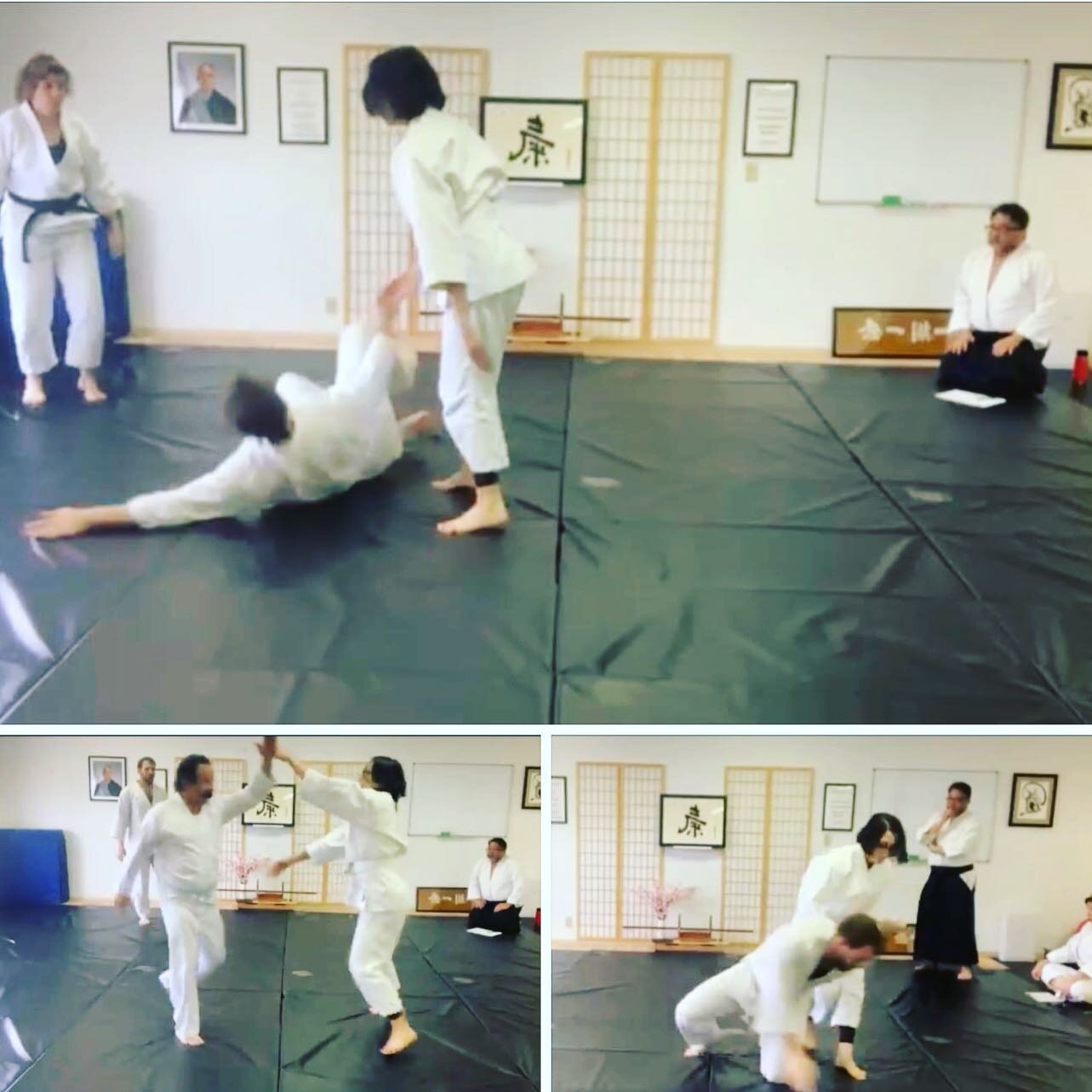 Congratulations Frances for an amazing 4th kyu (second) test. So good that we did *two* randori (multiple attacks). One pic is with them doing a forehead strike (shomenuchi) with 3 people. They handily smashed this level of training. Next dojo test i