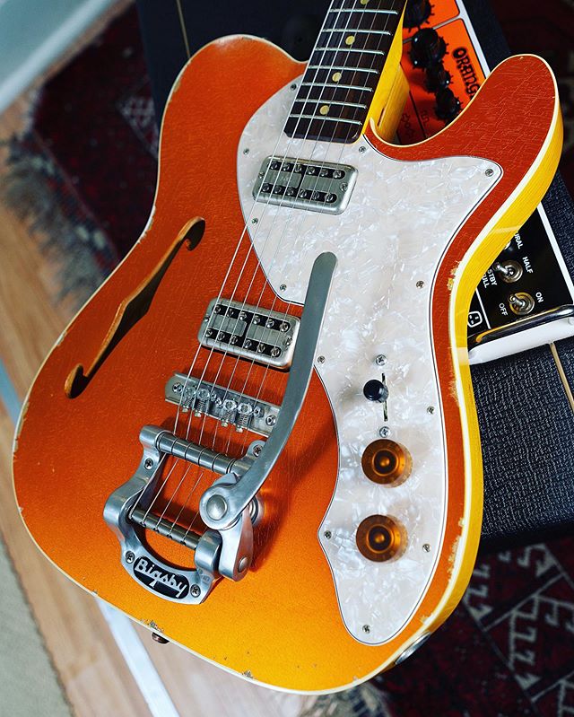 Had a chance to build this one for Peter before we go out and play our last shows of the year.&nbsp;&nbsp;Candy Tangerine top, binding, amber tinted back, Bigsby vibrato, TV Jones pickups, and semi-hollow body make this one very Gretsch-like. The Ora