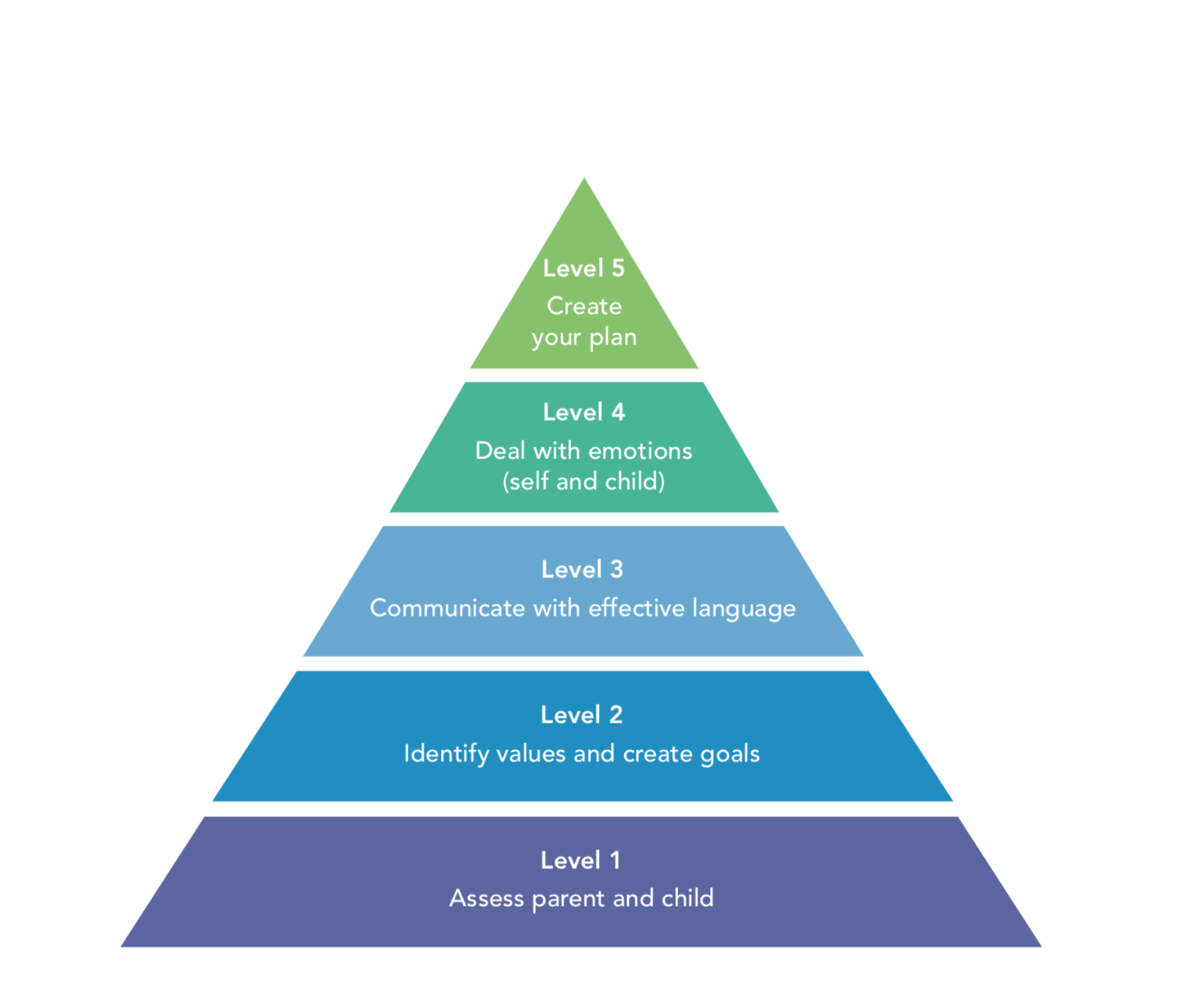 Our model consists of five levels. Whether you are a mental health or educational professional, a parent, or both, we hope this is a useful guide in developing a plan to meet your individualized needs. As you work through this workbook, you will be developing your own family plan by reflecting, journaling, answering questions, and completing worksheets. Each child develops at a different rate and will approach emotional milestones at their own unique pace. While this model can be utilized with children facing all different challenges, consider those unique needs of the child in the assessment and goal stage, as well as when implementing the plan. This workbook is not meant to be completed in one sitting. Take your time, and allow yourself the opportunity to reflect and process your experience.