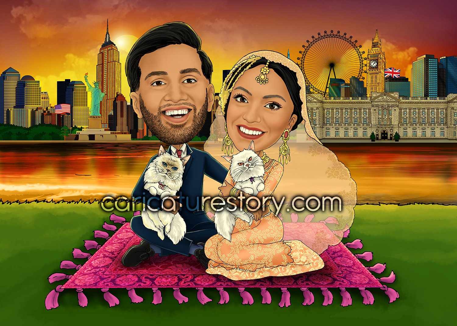 Custom Indian Wedding Anniversary Couple Portrait - Romantic Tale of two  Cities — Caricature Story - Custom digital caricature perfect gift for any  occasions