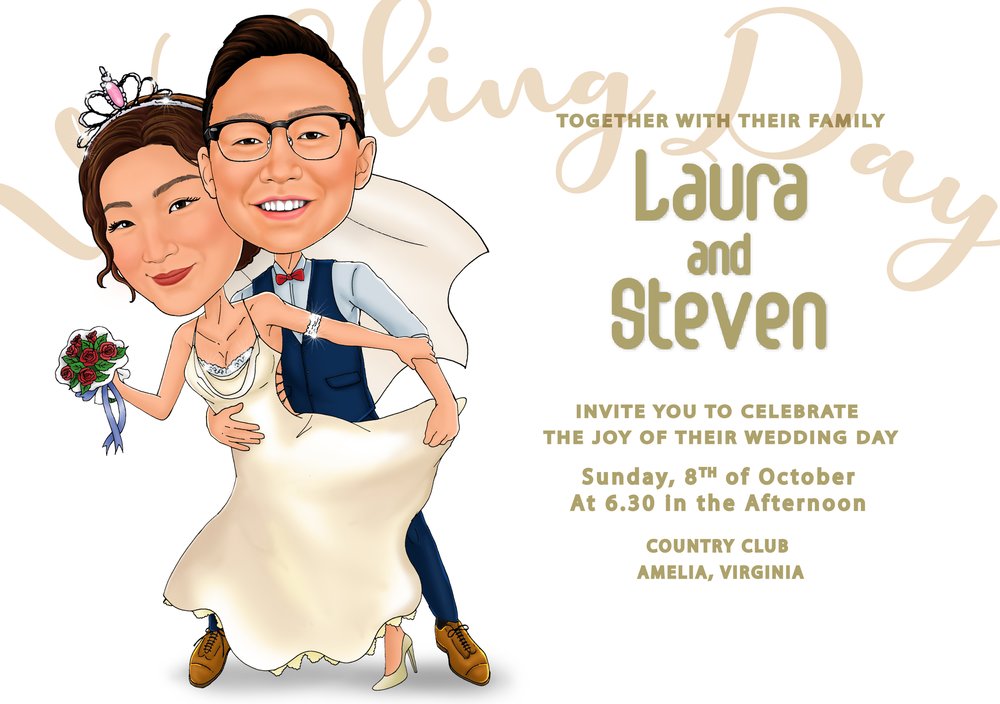 Minimalism style wedding invitations print with RSVP, wedding couple  caricature gifts — Caricature Story - Personalized custom digital cartoon  caricature art and special gift for every special occasion