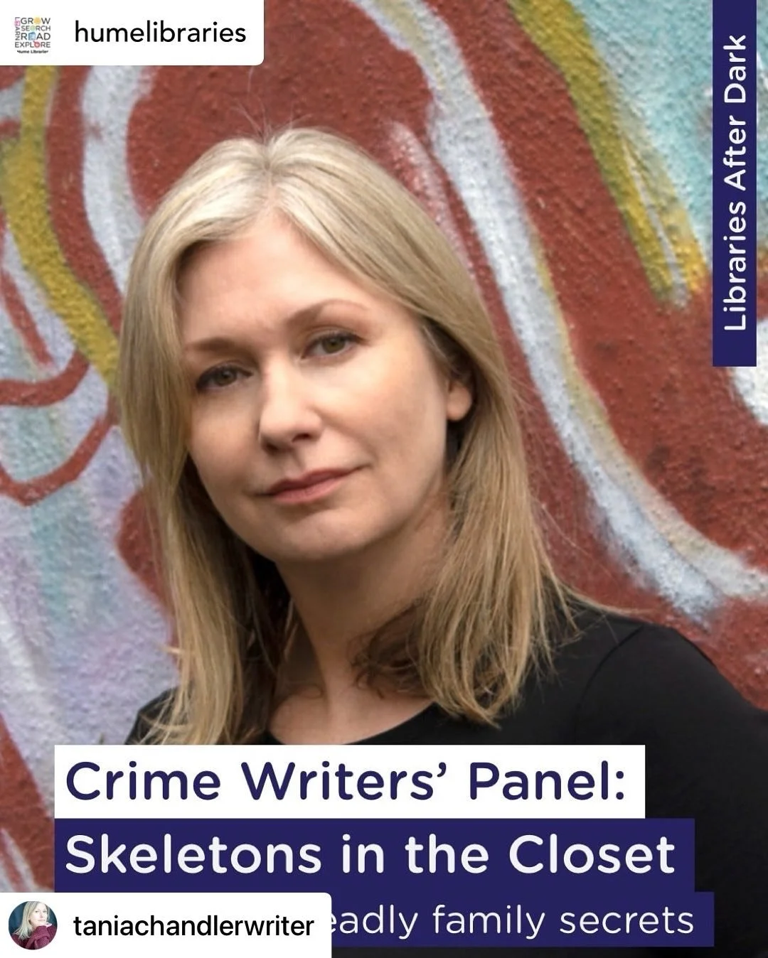 Very much looking forward to his event on Thursday 21 August 
Posted @withregram • @taniachandlerwriter Posted @withregram • @humelibraries Author Tania Chandler puts three other writers under the spotlight to debate how family secrets can
