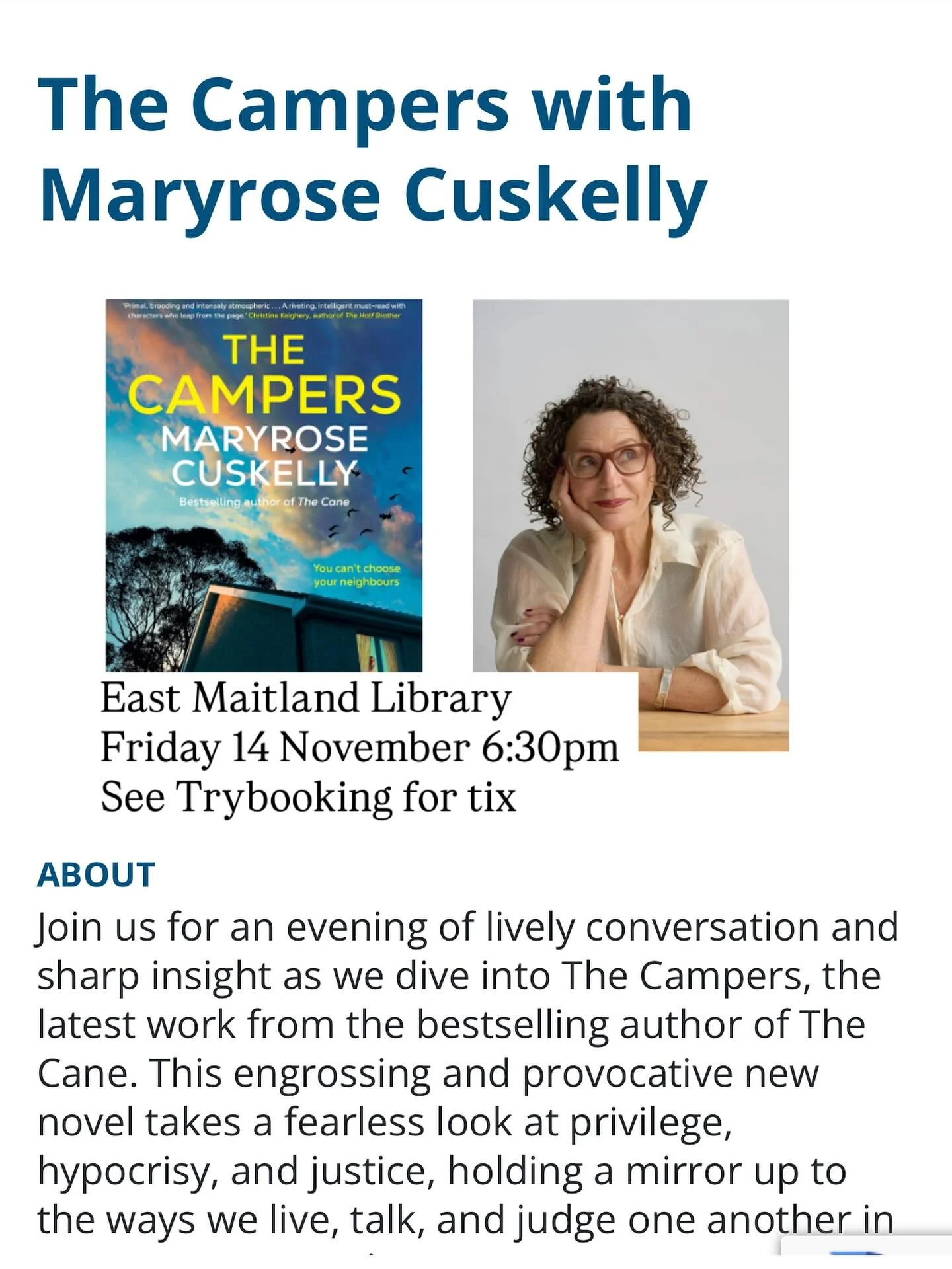 I’m heading to the beautiful Hunter Valley on  Friday 14 November to chat about THE CAMPERS. Would love to see you at the East Maitland Library. @mymaitland