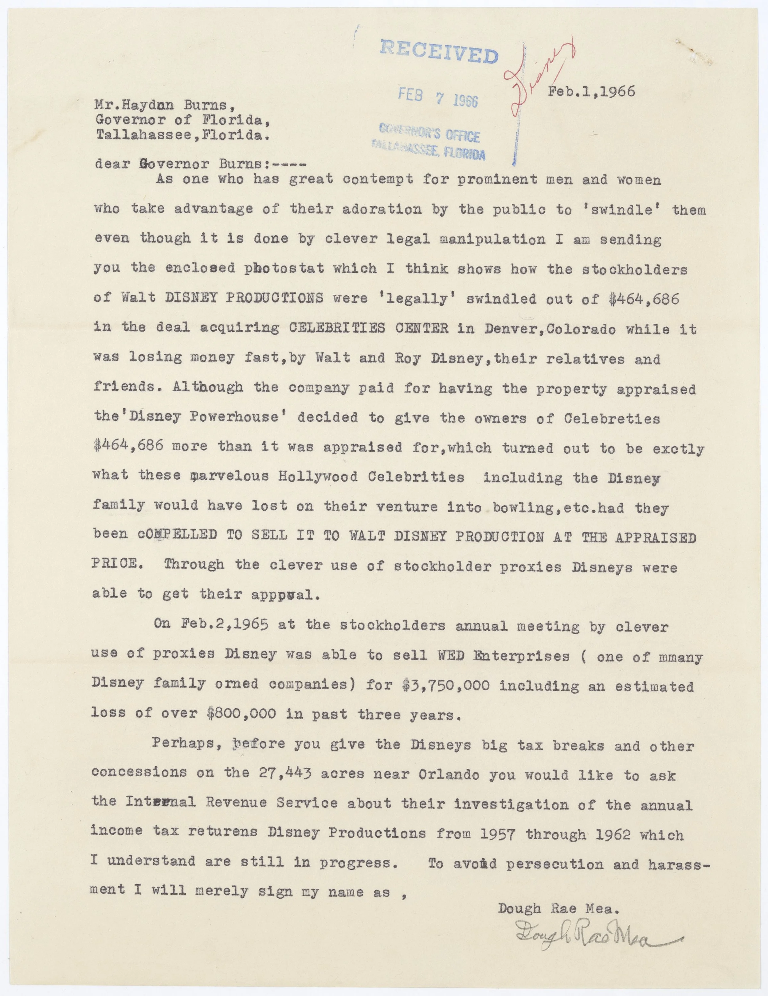  Letter to the Governor from a Concerned Resident, 1966 