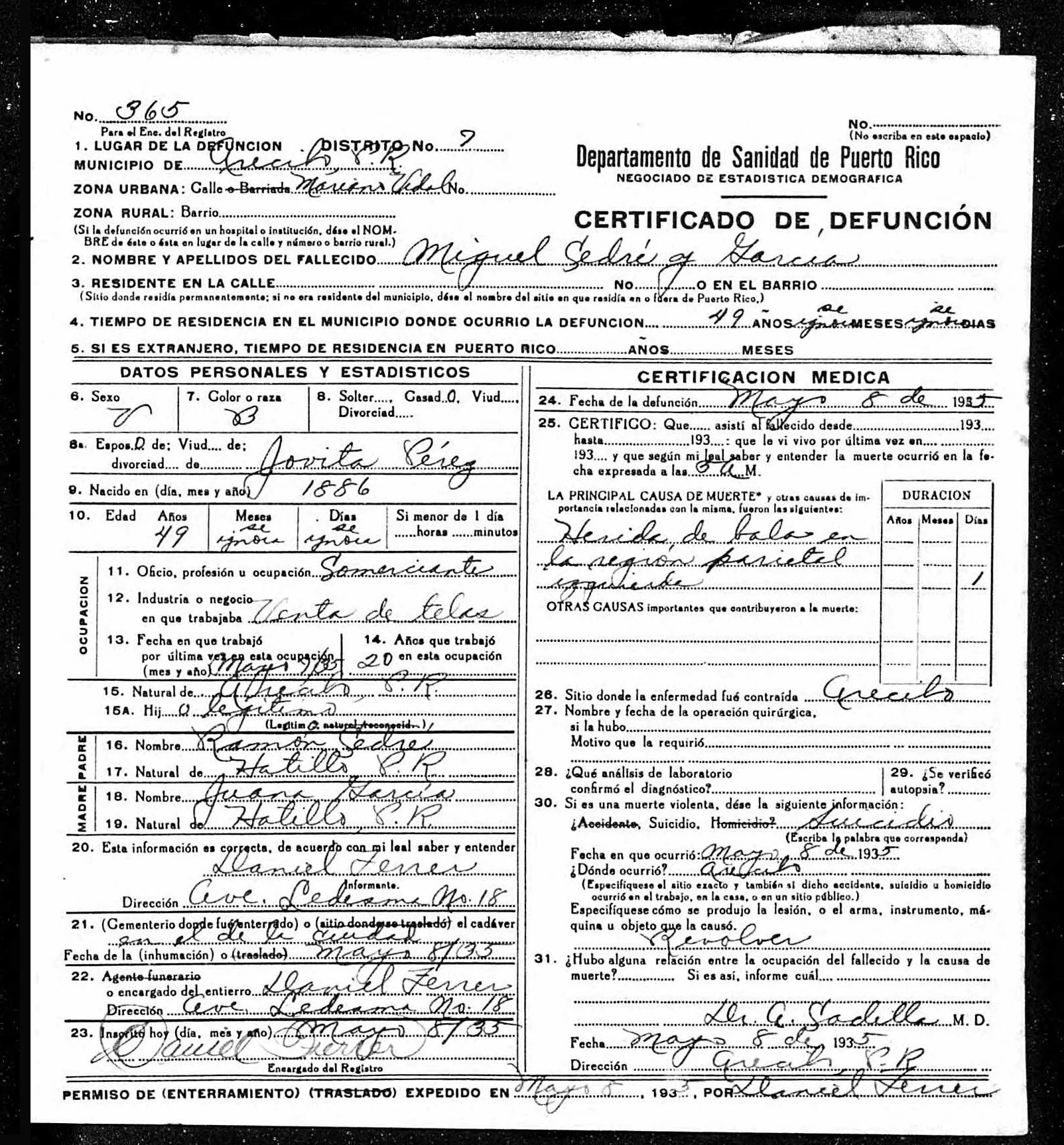  My great-grandfather's death certificate, 1935 