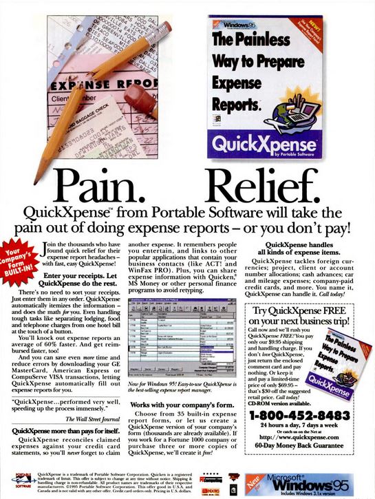 Print-Anzeige von 1994 für QuickXpense, die erste Anwendung von Concur, das damals noch unter "Portable Software" firmierte. Sie erschien vor allem in Bord-Magazinen großer Airlines und erhielt so viel Aufmerksamkeit von Geschäftsreisenden.