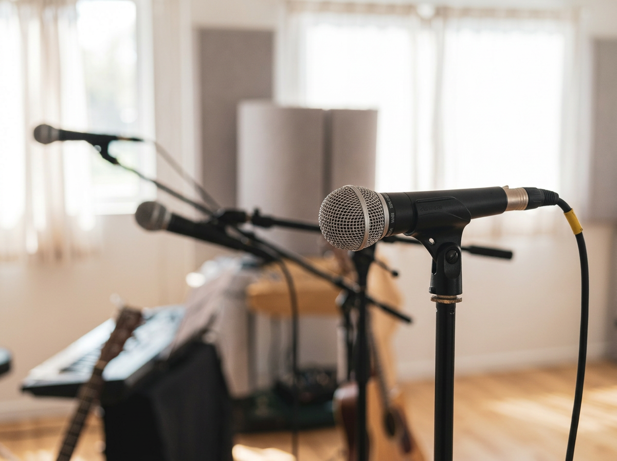 Studio microphones on stands ready for a singing lesson
