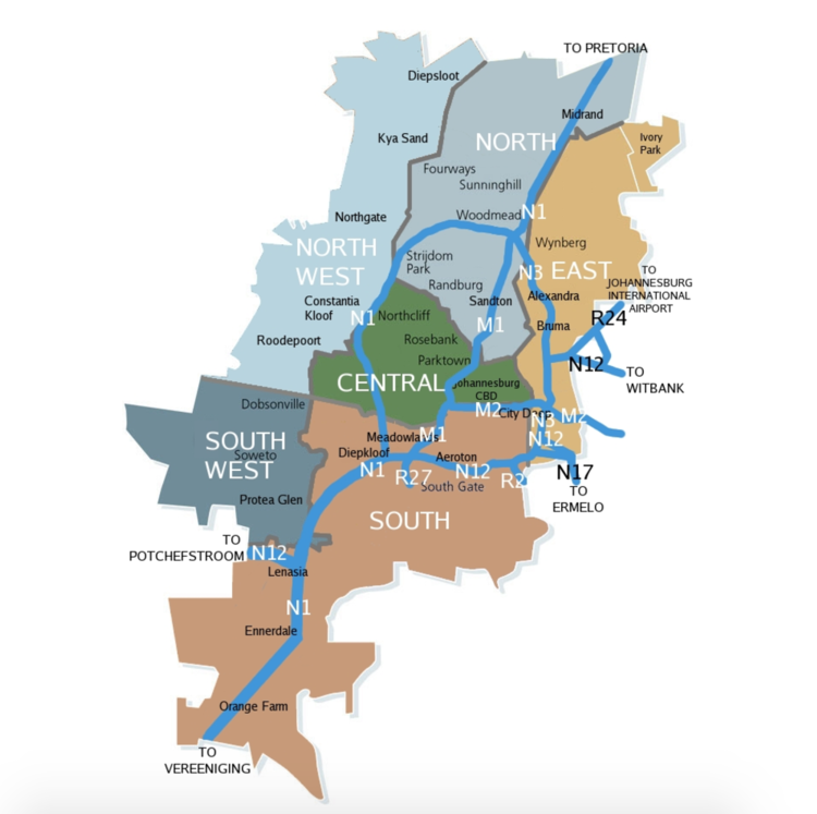 Map of main Johannesburg suburbs