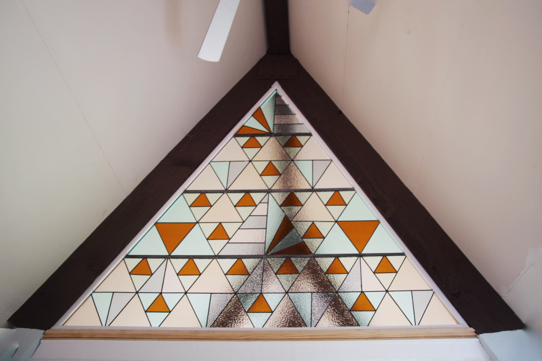 Private Residence: Trentham Pair of Modern Geometric Leadlight Windows - panels are located internally in an A frame roofline and created in 4 parts