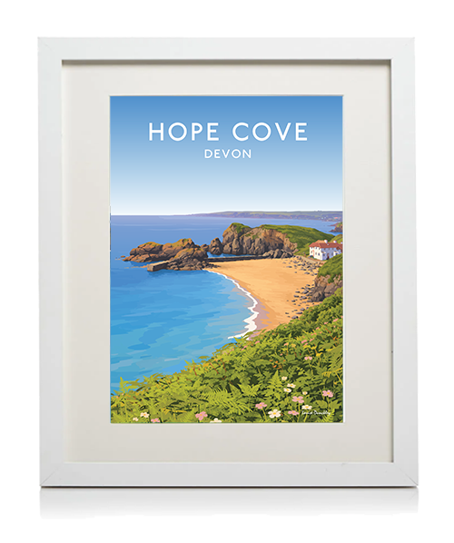 White framed Hope Cove illustration showing a coastal travel print inspired by South Devon