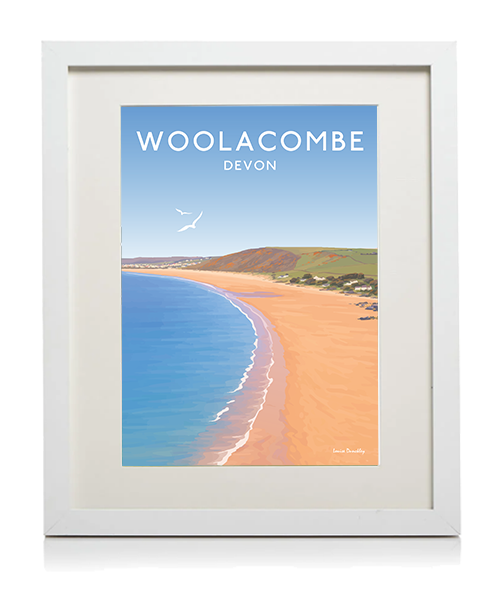 White framed Woolacombe illustration inspired by the open North Devon coast and long sandy shoreline