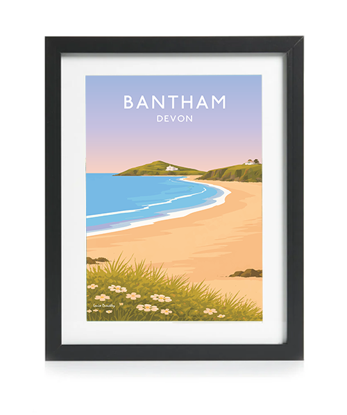 Bantham coastal wall art in a black frame, inspired by the distinctive South Devon shoreline
