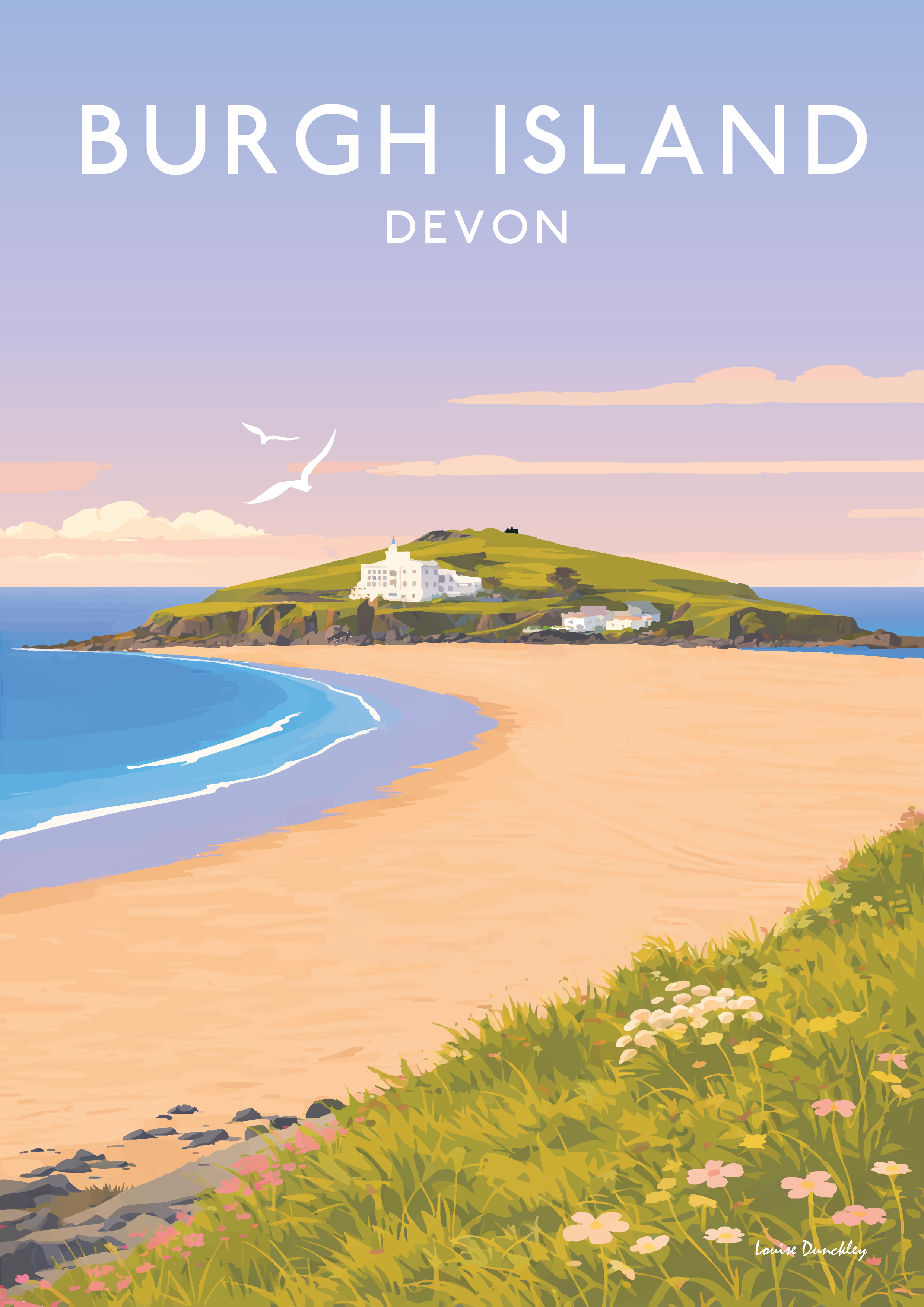 Burgh Island travel poster style illustration, hand-drawn and inspired by the South Devon coast