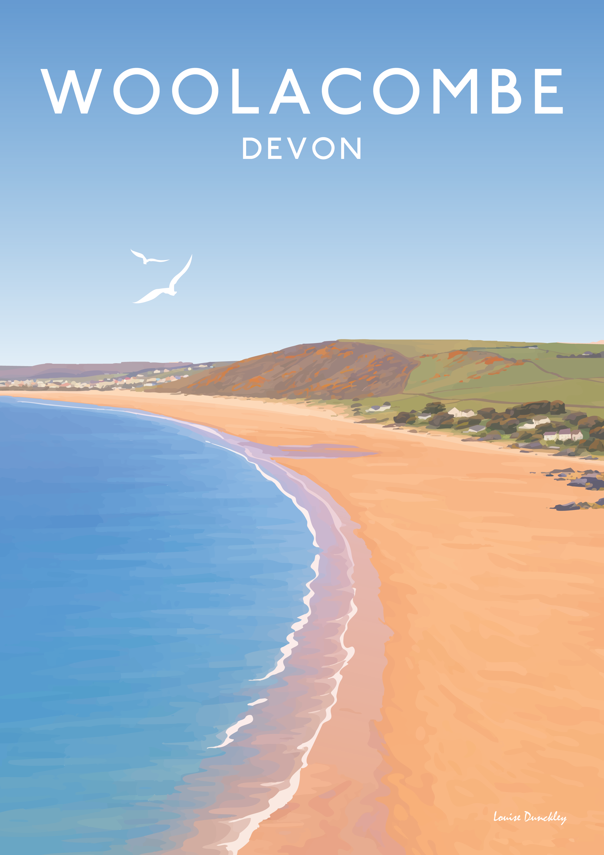 Woolacombe travel poster style illustration, showing soft colours and clean line work