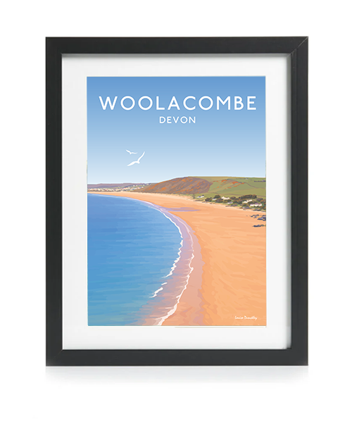 Woolacombe coastal wall art in a black frame, featuring a vintage-style illustration of the Devon coast