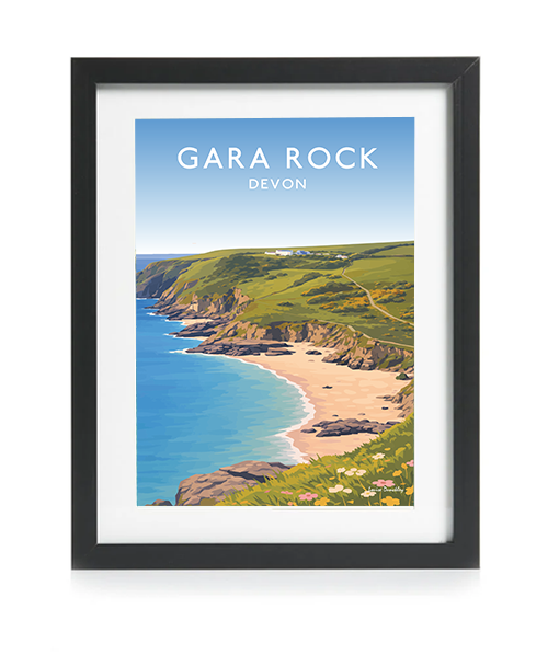 Black framed Gara Rock coastal wall art inspired by the rugged coastline near Salcombe, Devon