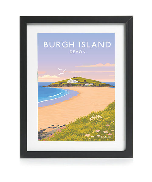 Burgh Island coastal wall art in a black frame, inspired by the distinctive South Devon island and shoreline