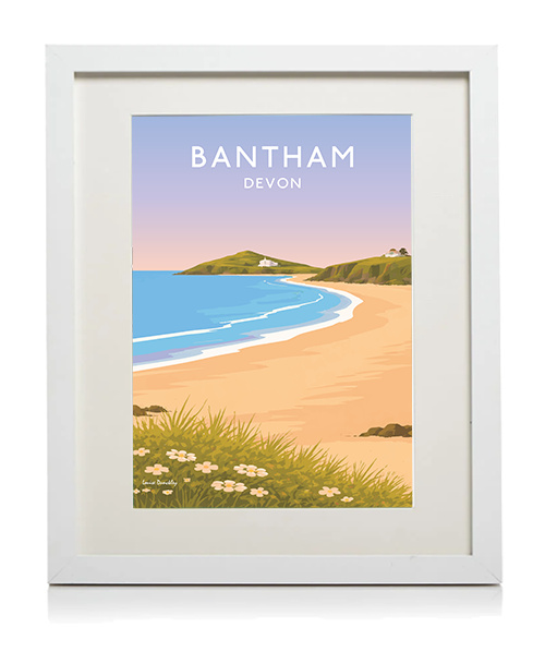 Framed Bantham illustration showing the sweeping beach and coastal landscape of South Devon