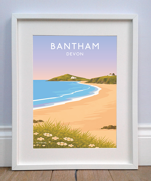 Bantham Beach travel print featuring a hand-drawn illustration of the South Devon coastline and sandy beach
