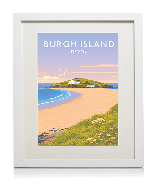 Framed Burgh Island illustration showing the iconic tidal causeway and coastal landscape of South Devon