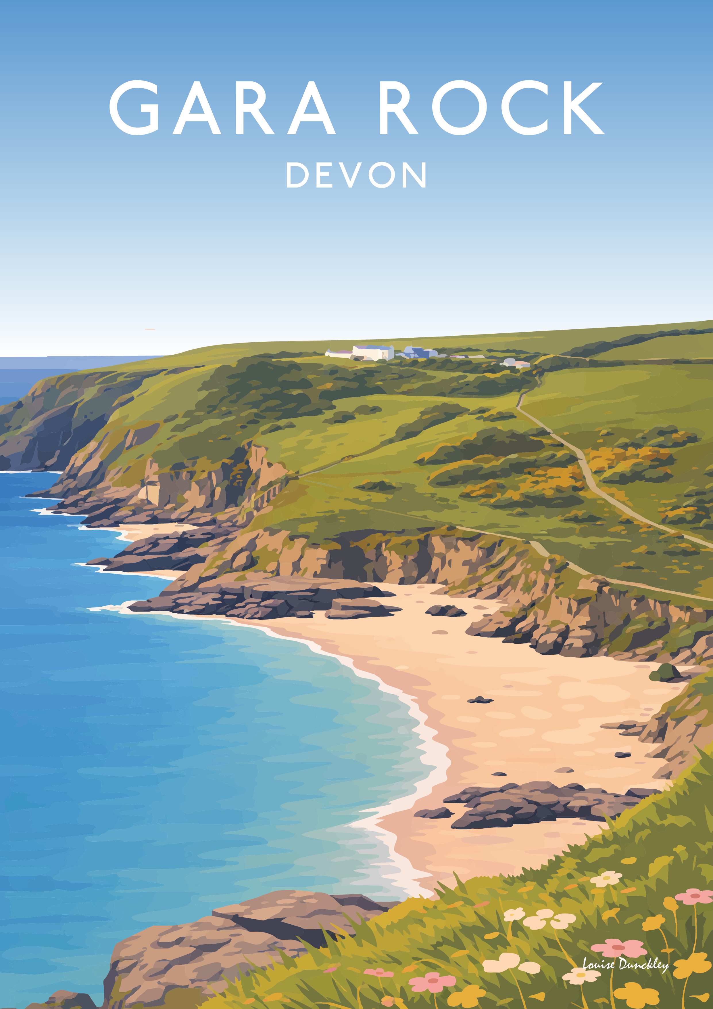 Gara Rock travel print featuring a hand-drawn illustration of the cliff-top coastline near Salcombe