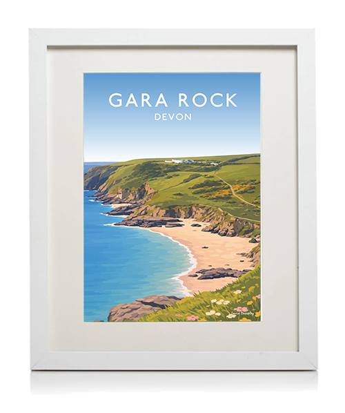 White framed Gara Rock illustration showing a coastal travel print inspired by South Devon