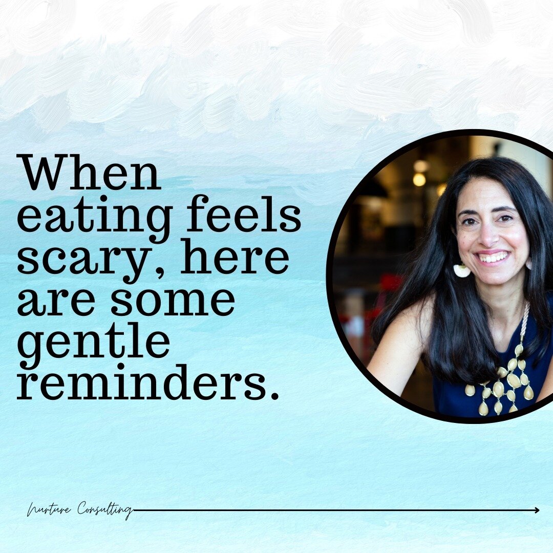 Re-nourishing yourself during eating disorder recovery can feel scary. Really scary. When eating feels scary, here are some gentle reminders:⁠
-It's okay to feel scared and to still eat your full meal or snack⁠
-Eating disorders cause harm to your ov