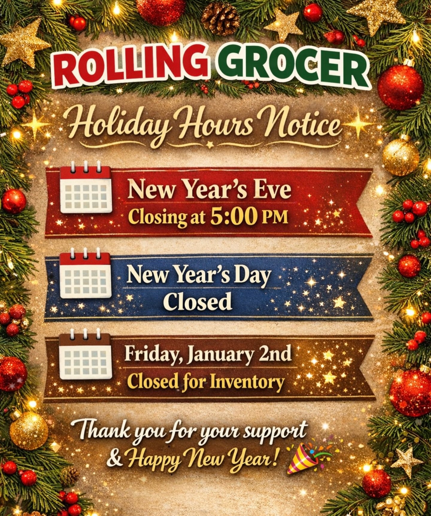 As we ring in the New Year 🎊 please take note of our holiday hours. We appreciate every single one of you &amp; thank you for supporting Rolling Grocer! 🎉