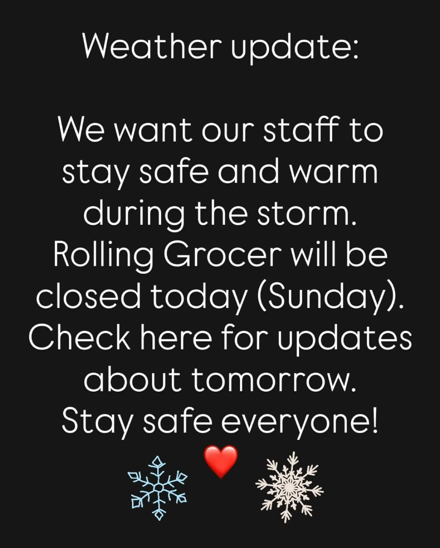 ❄️It was a difficult decision, but we&rsquo;ve decided to close RG today. We hope you&rsquo;re all safe &amp; warm and can enjoy the snow! ❄️❤️
We will keep you updated about tomorrow.