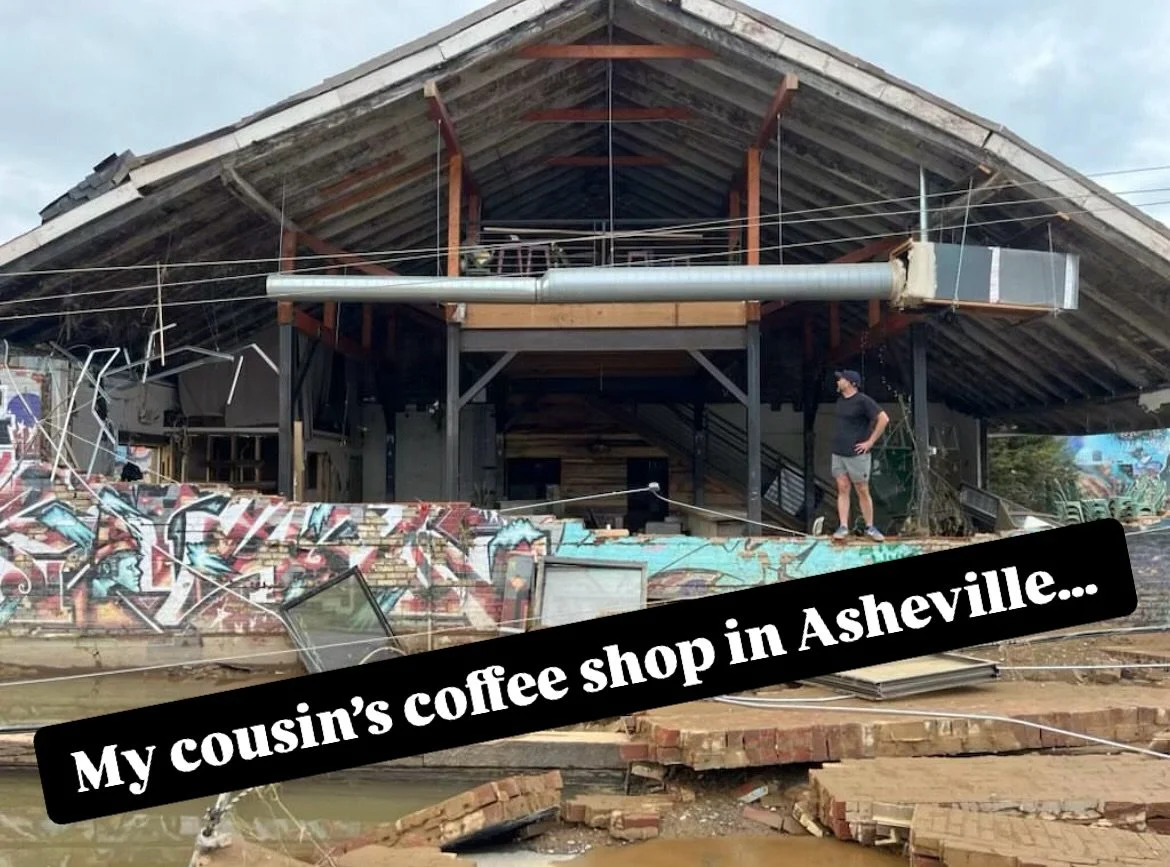 My cousin&rsquo;s kids bought this Summit Coffee Shop as an investment in the River Arts District in Asheville. It&rsquo;s right beside the French Broad River, which crested at 21 feet above normal. They made it back today to see the damage and this 