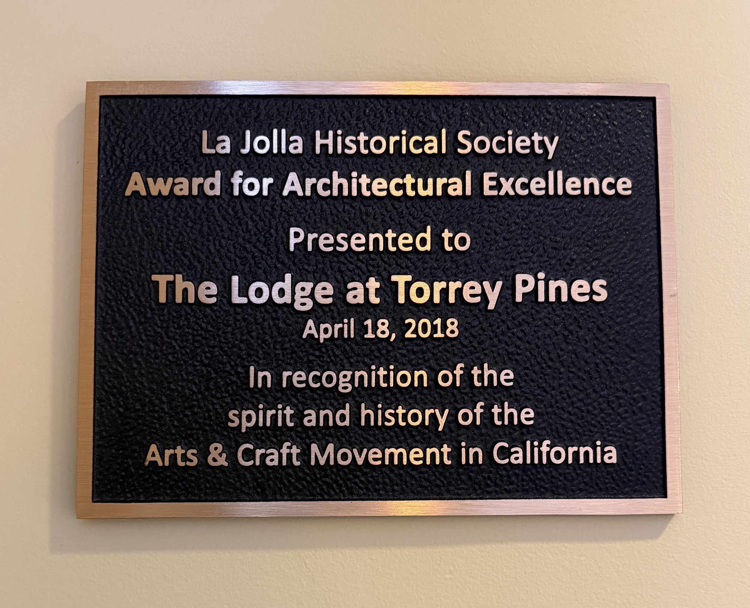 Lodge at Torey PInes Award Plaque