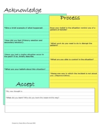 Acknowledge, Process, Accept Worksheet Anxiety, depression and relationship issues are just a few reasons to use this sheet. This worksheet is intended to be used over and over. This worksheet is to help you with moving past areas where you may be stuck or where you have resided for longer than necessary or comfortable. Many times we are stuck because we have not found a useful way to process events. For a guideline, see the example, here , on how to complete the sheet. Click image to download!