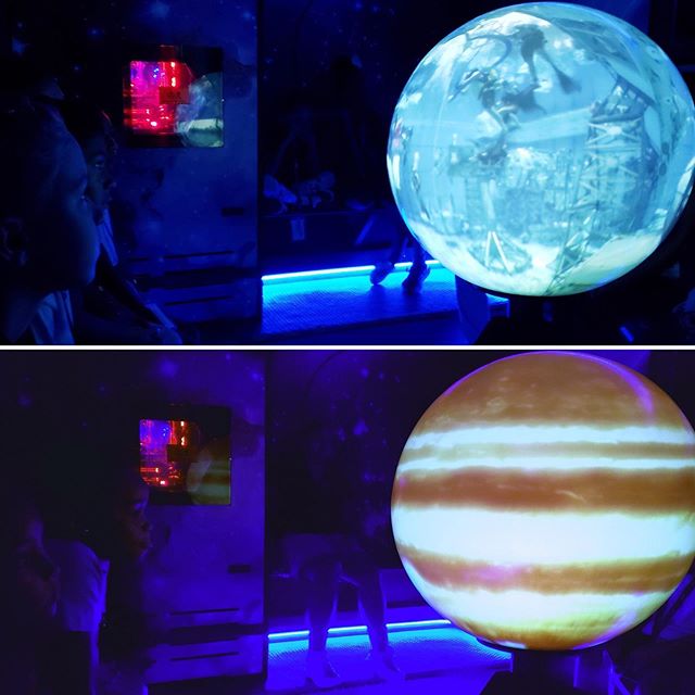 These are photos of our Magic Planet exhibit inside the planetarium (Yes. We have a planetarium inside our mobile unit). It feels like you&rsquo;re really in space! #IAGoBeyond