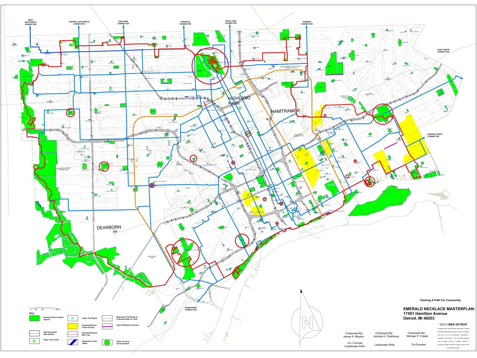 Detroit master plan: blue bike routes, red Emerald Necklace trail, and green city parks. Yellow zones denote spaces for future agricultural growth.