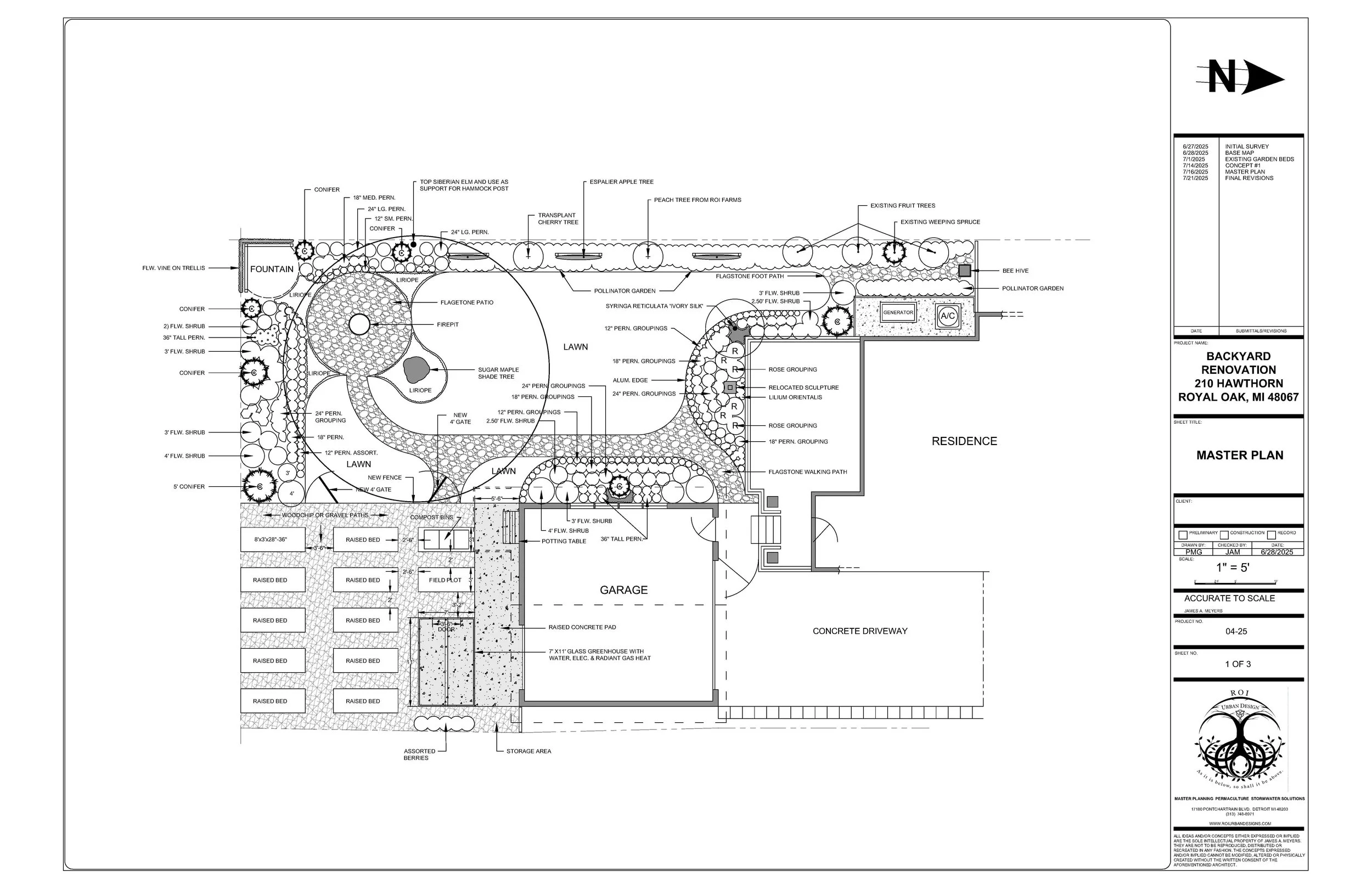 Regenerative Self-sustaining landscape in Royal Oak Michigan with year-round food production, bio-intensive raised beds, fruit trees and pollinator gardens.