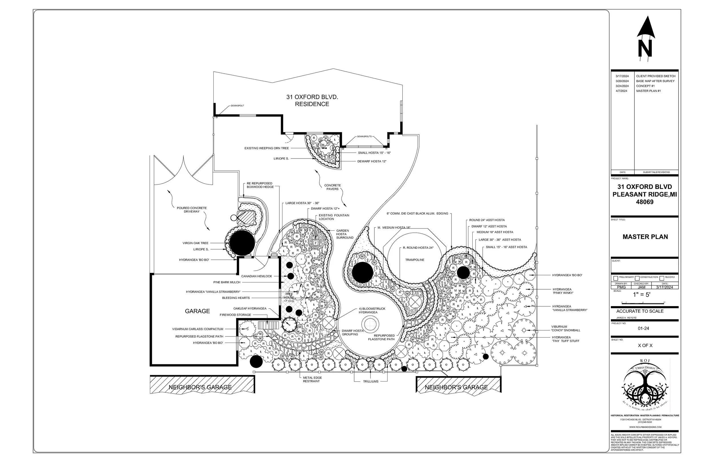 Purposeful shade loving viewing garden in Historic Pleasant Ridge Michigan, filled with a diverse collection of Hosta, and Hydrangea plantings.