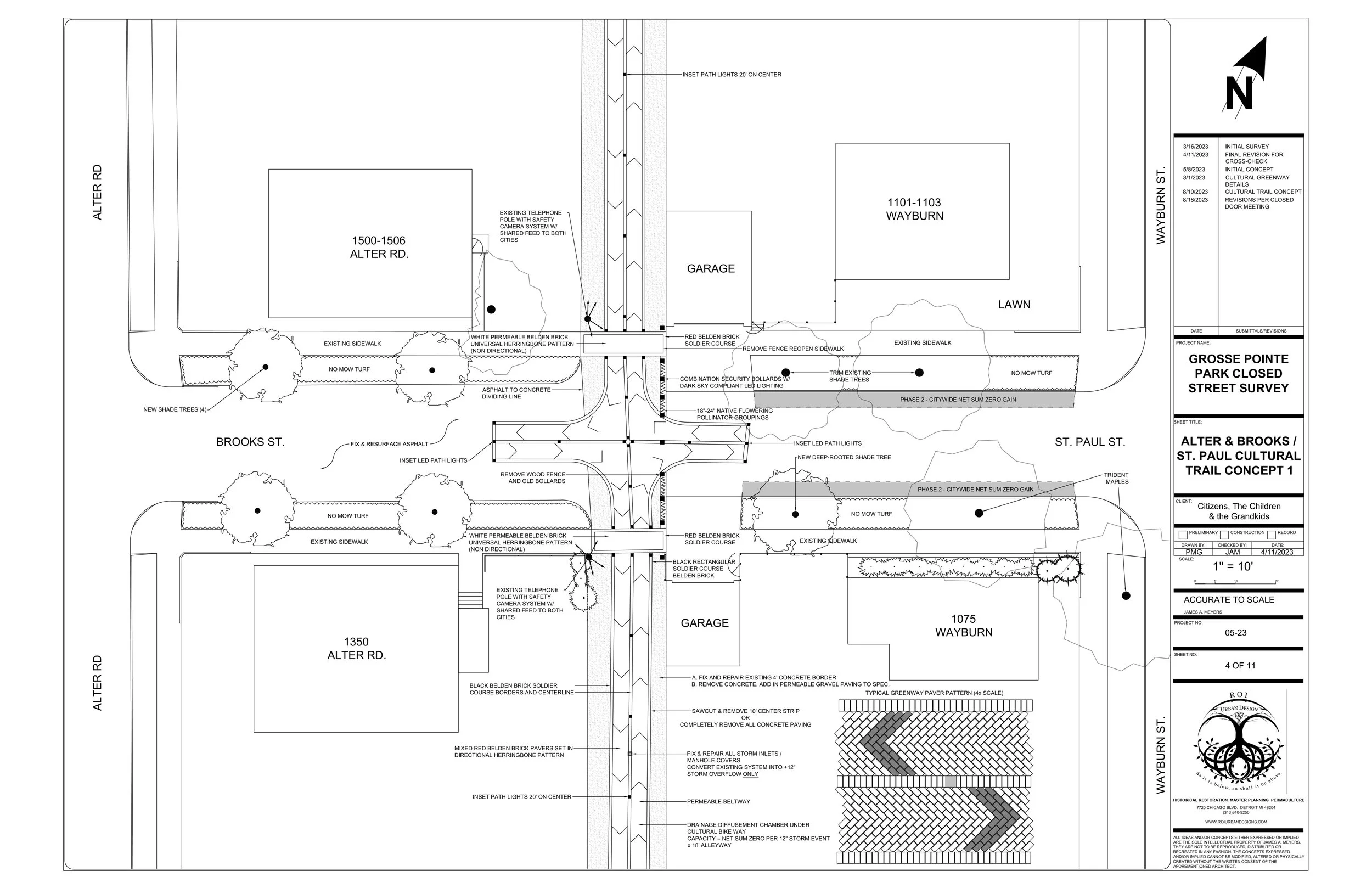 Grosse Pointe Park: Re-opening pedestrian streets, permeable bike paths, and entrance gardens. 276-acre net-zero drainage system.
