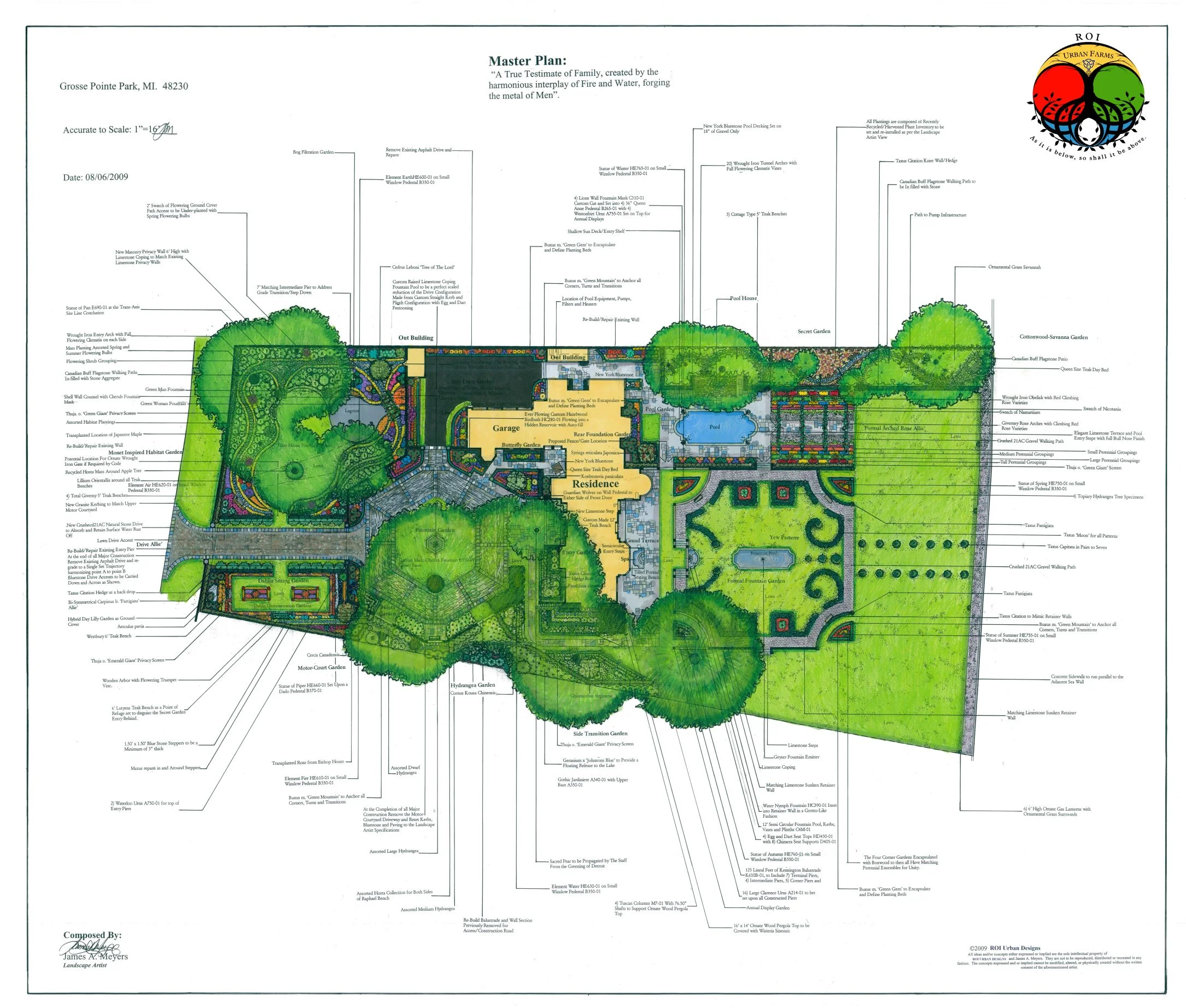 Lakeside Grosse Pointe Park Masterpiece.  English sitting Garden, Wall fountain, babbling Brooke and arched bridge trail,  Bluestone terrace, swimming pool, pergola, lower sunken Italian garden with ornate Yew hedges and reflecting pool.