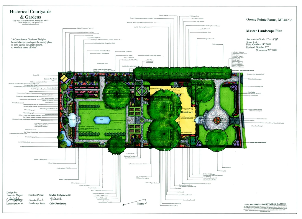 Master plan: aggregate drive, wisteria tunnel, David Austin roses, and hornbeam allie. Features an orangery, secret garden, pool, spa, and brick walls.