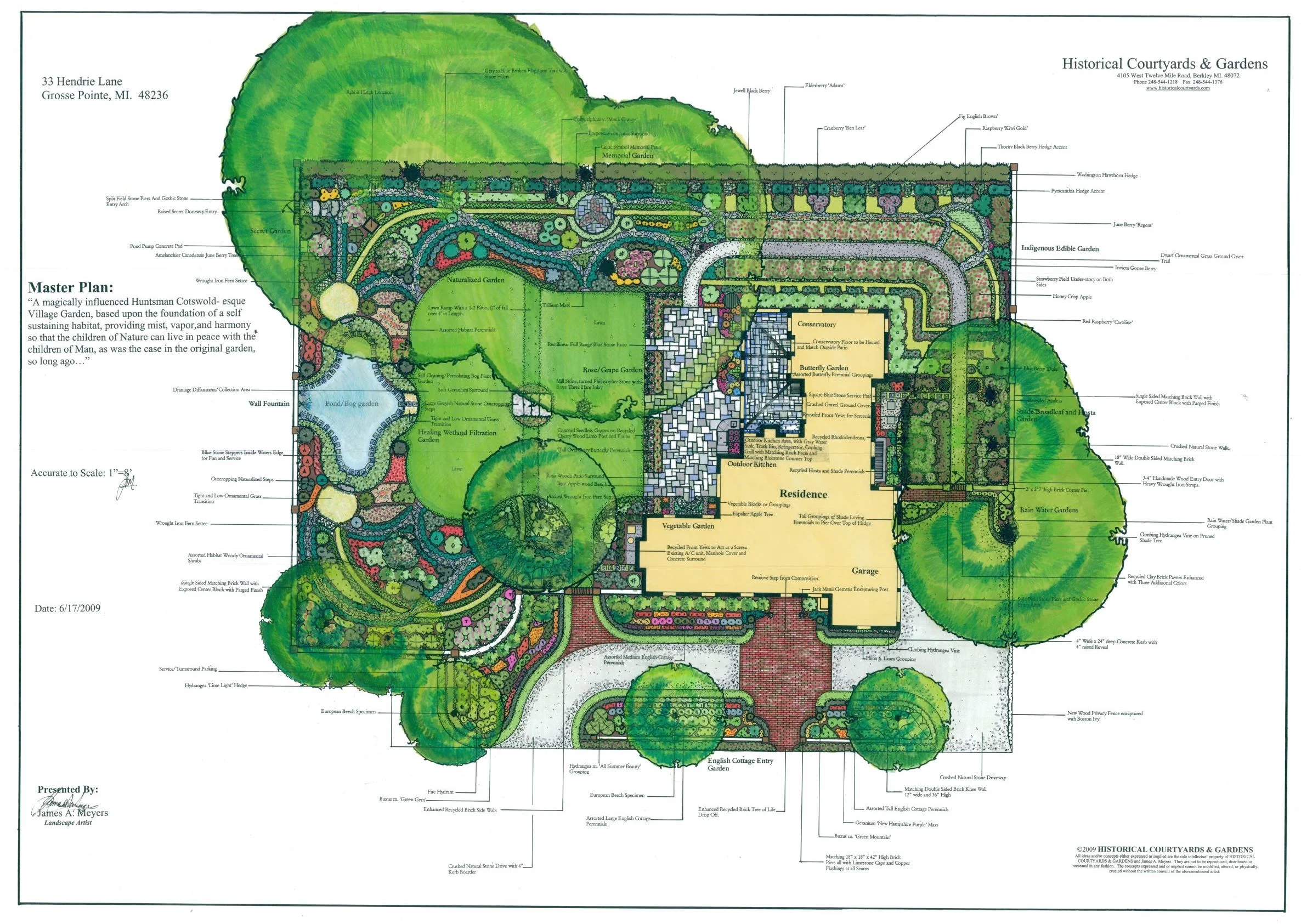 Master Plan in Grosse Pointe Michigan with an orchard, formal lawn terrace, and stream wall fountain.