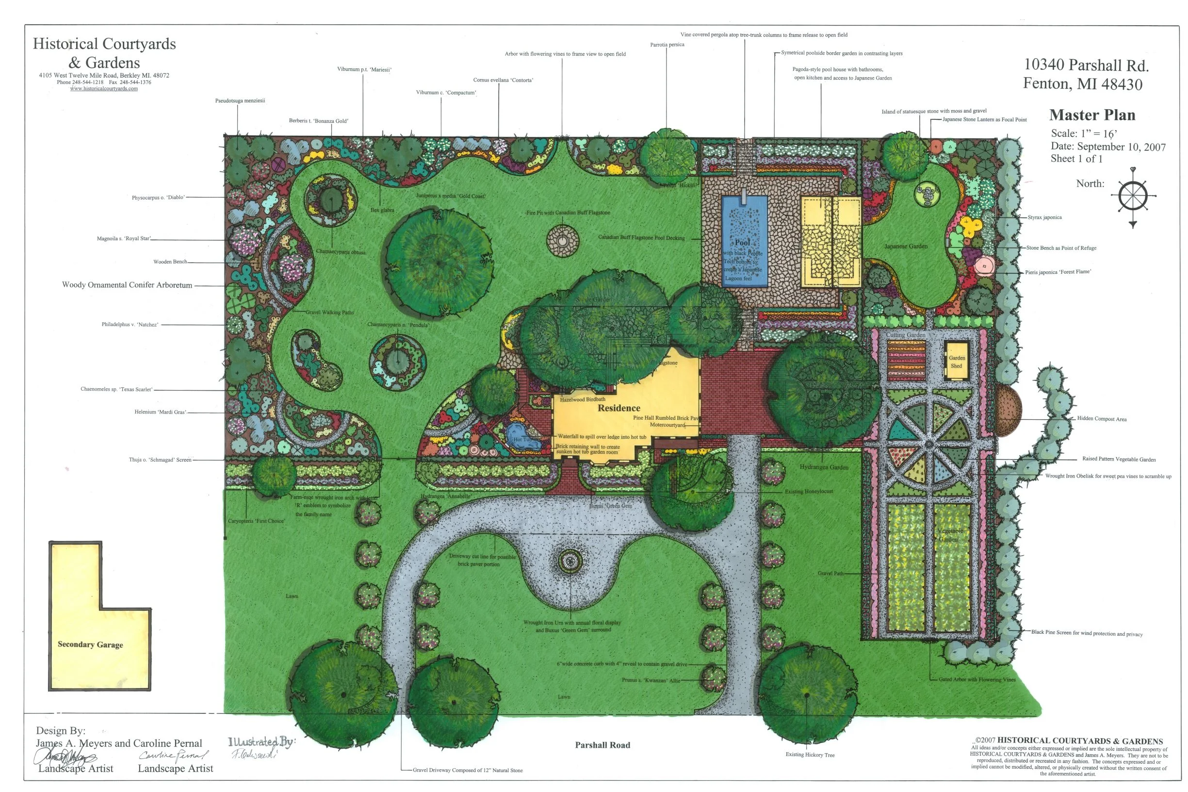 Master plan: Fenton, MI homestead. Gravel drive, cherry allie, vegetable production, Japanese garden, pool house, lagoon hot tub, and conifer arboretum.