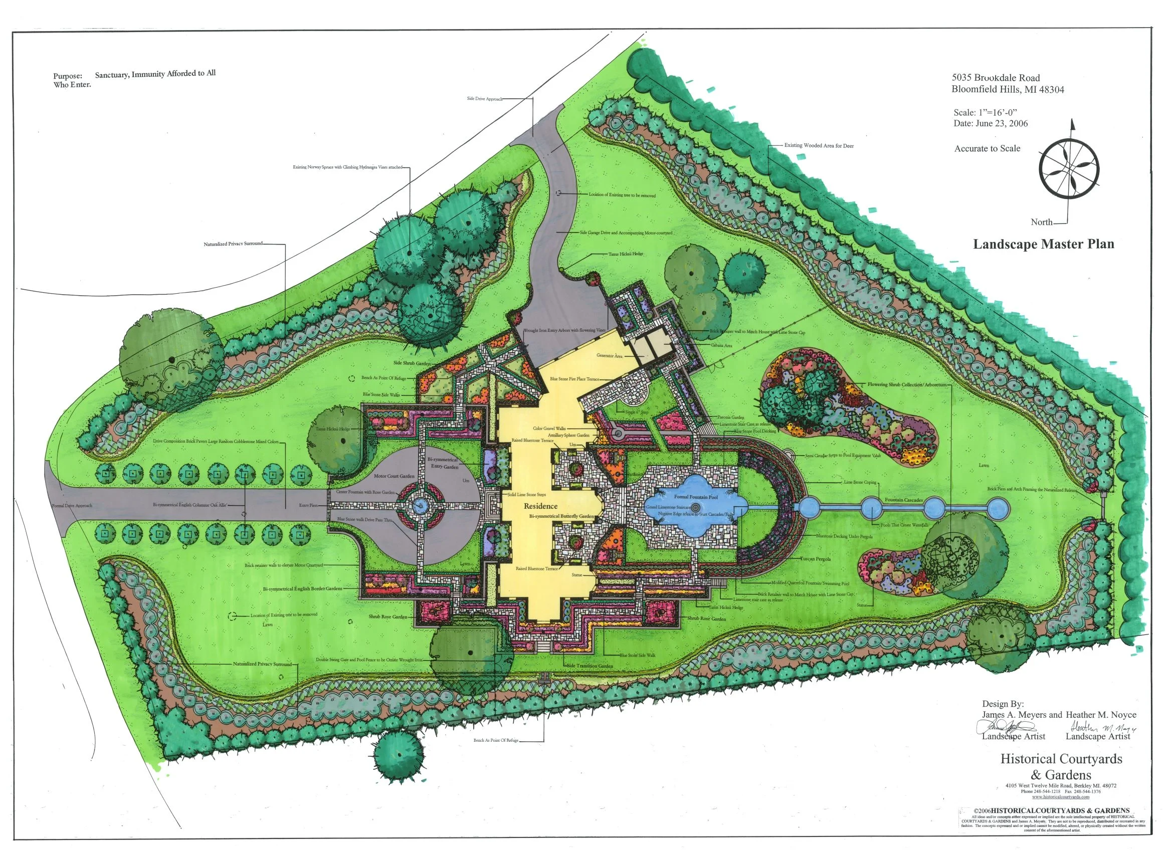 In Bloomfield Hills, an oak allie leads to a fountain court, featuring dual bluestone terraces, limestone balustrades, and a cascading fountain pool.