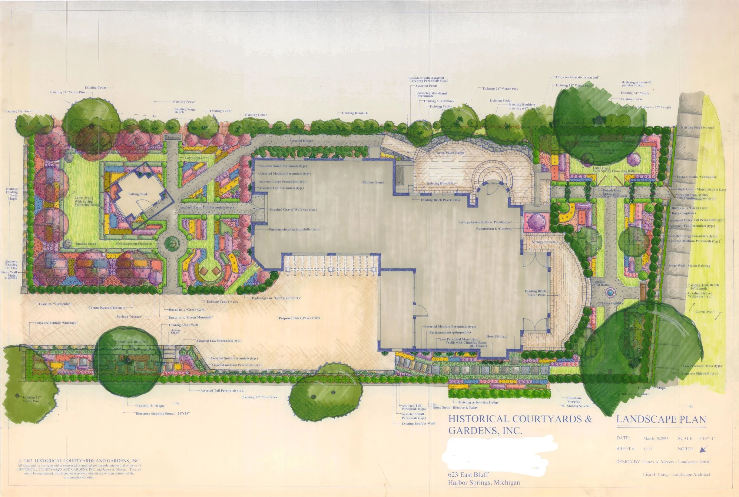 Master plan in Harbor Springs, MI: evergreen screens, planting shed, gravel walks, brick patios, iron archways, hosta gardens, and bluestone steps.
