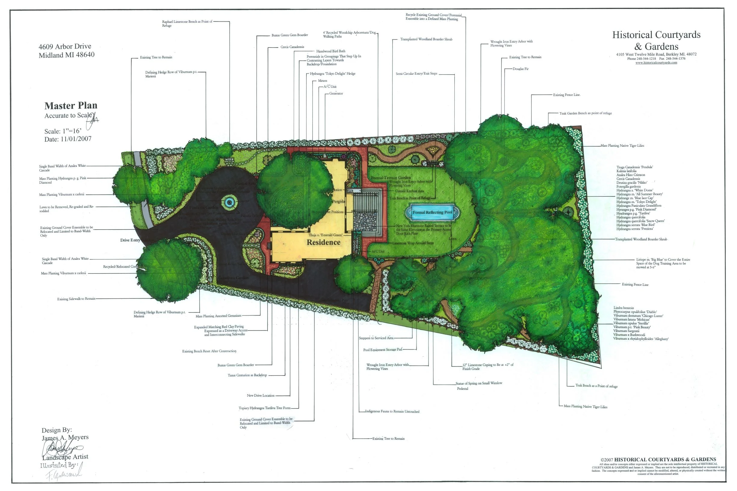 In historic Midland, this English estate aligns red brick and flagstone paths with a pool and terrace, all framed by hydrangeas and woodland trails.